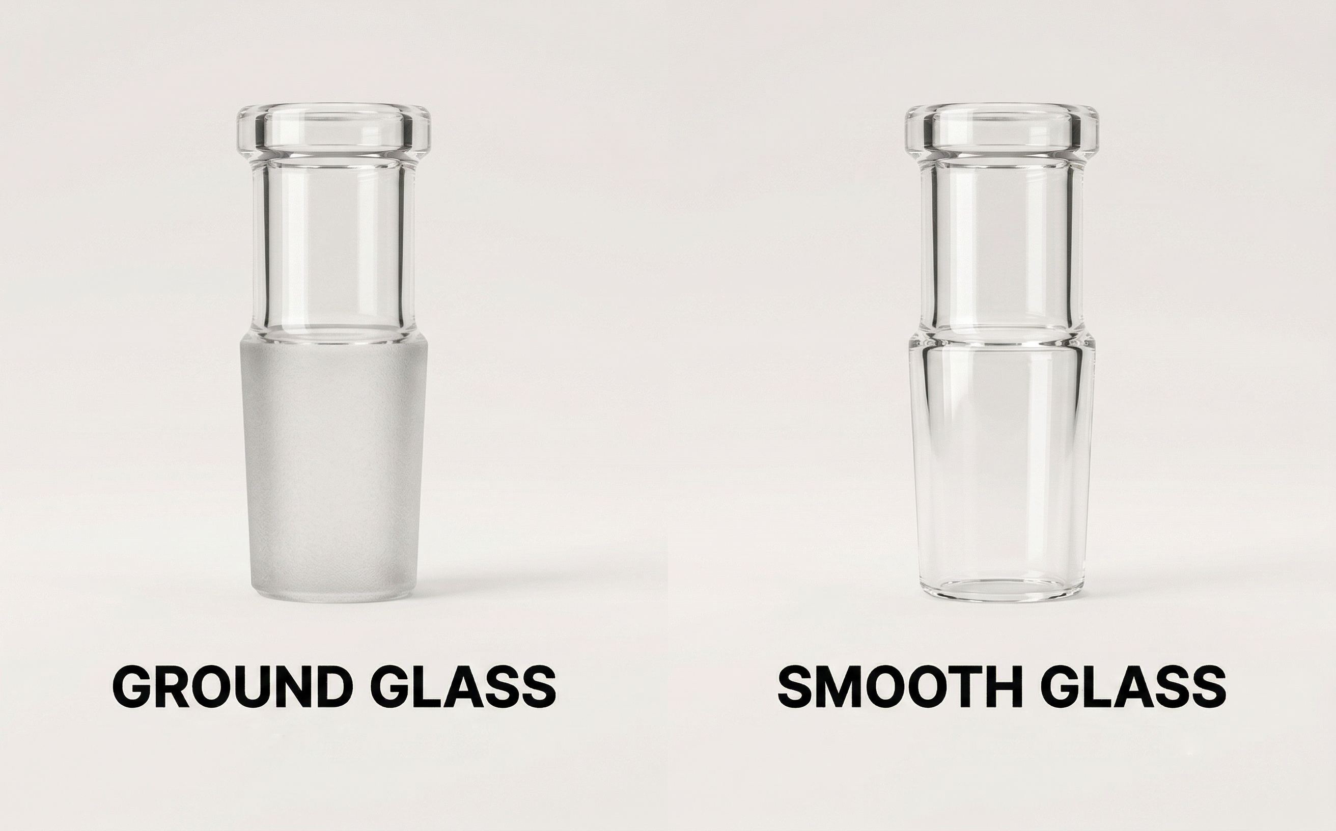 A side-by-side comparison of a standard ground glass fitting and a smooth glass fitting. The frosted surface on ground glass helps create the proper seal and fit for glass-on-glass connections, while smooth glass lacks that textured mating surface.