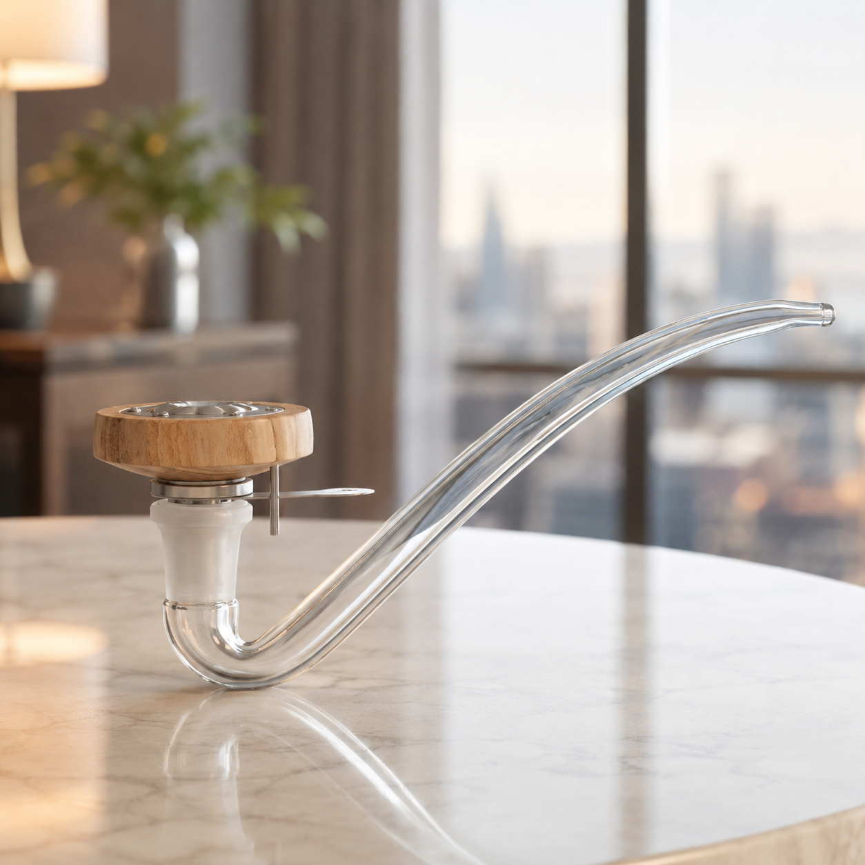 A clean dry glass j-hook connected to a vaporizer, shown as a simple water-free glass setup for dry herb vaporizer use.