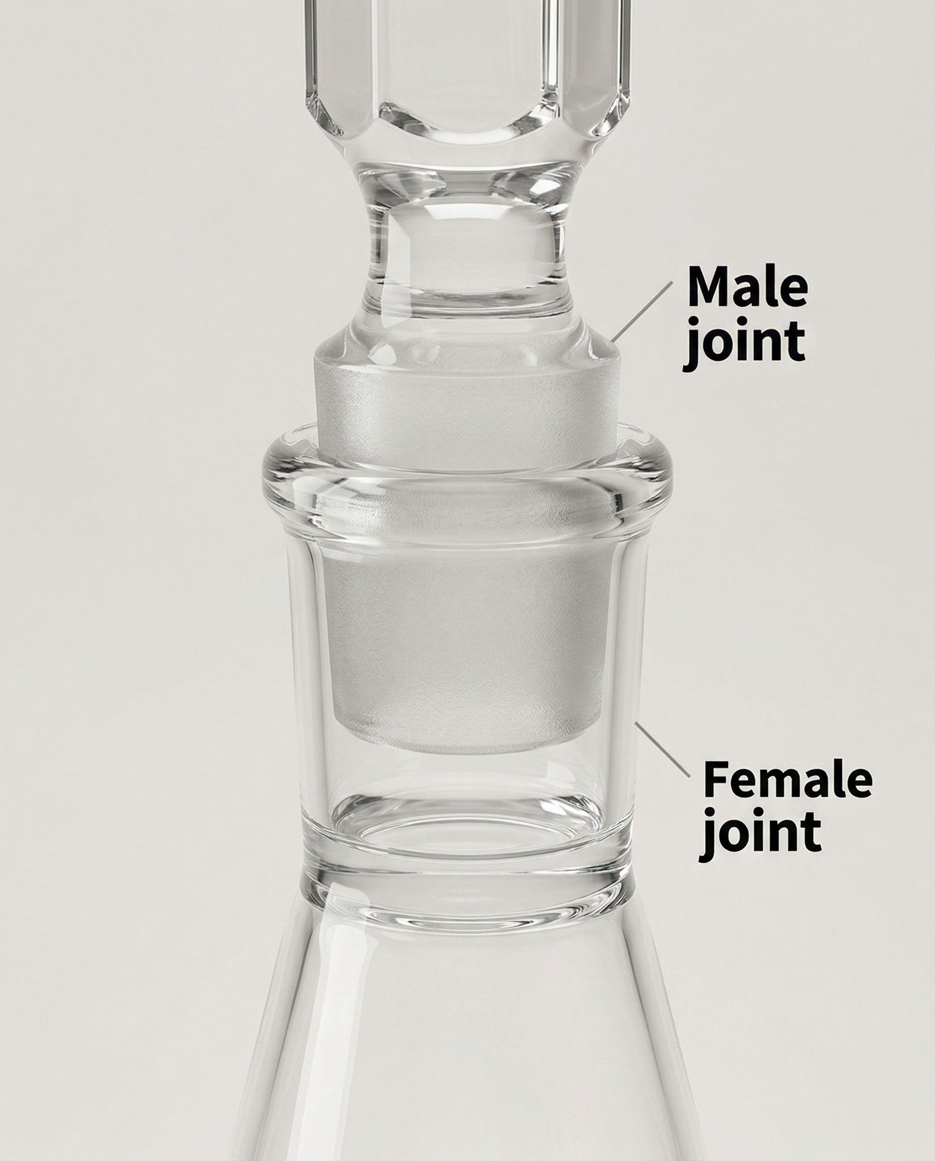 A labeled close-up showing how a male glass joint fits into a female glass joint. This image helps explain joint orientation and makes it easier to understand why matching size alone is not enough for a proper glass connection.