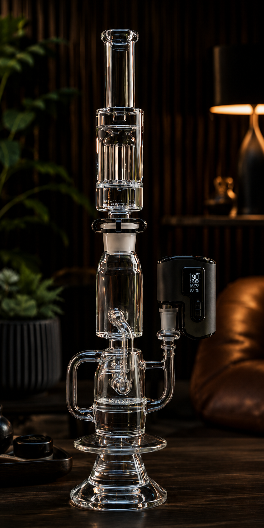 A tall multi-chamber glass waterpipe with an ash catcher-style attachment and vaporizer, illustrating a highly filtered setup that can reduce flavor intensity.