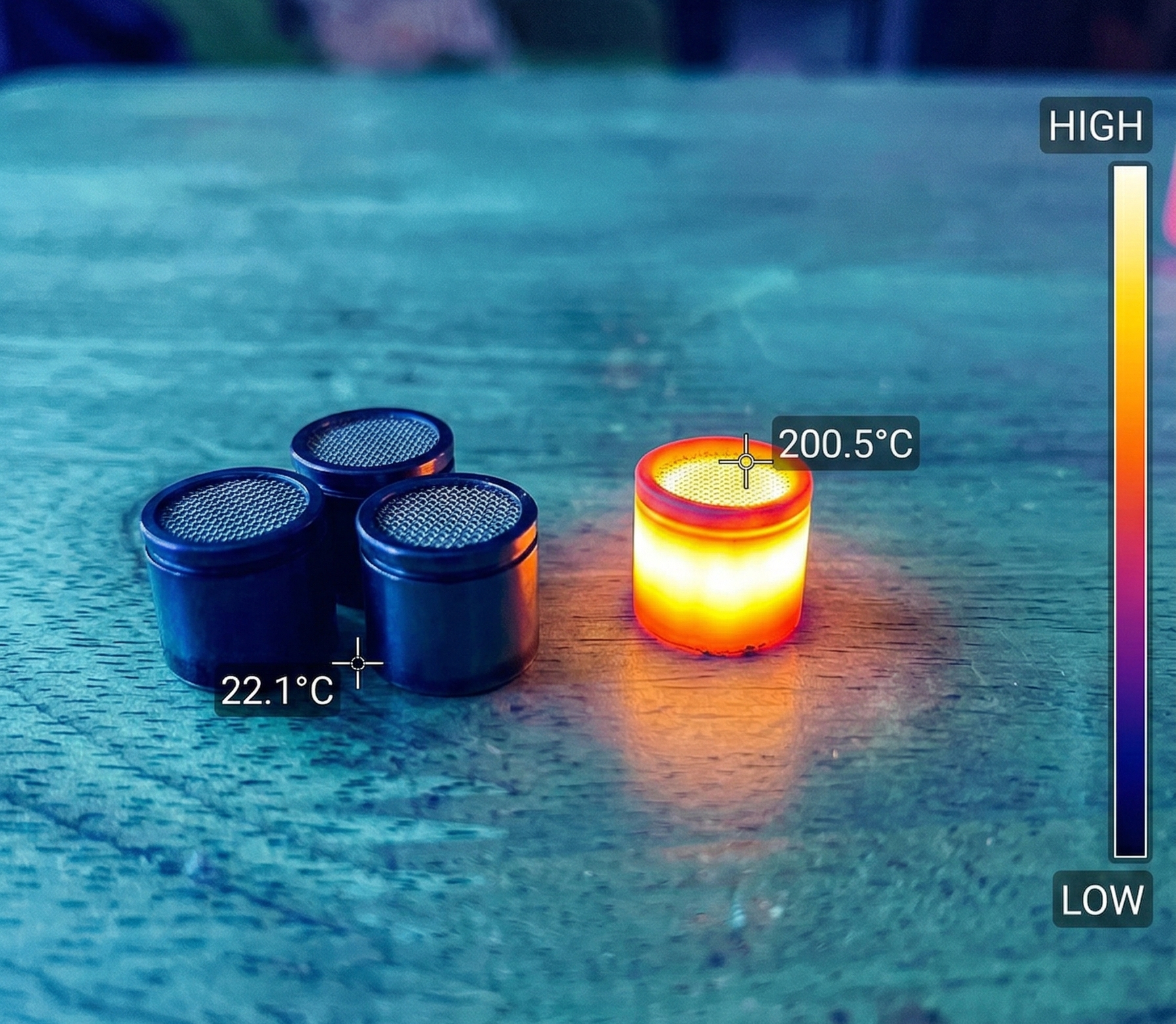 Thermal mass is real Thermal image showing a heated dosing capsule compared to cooler capsules