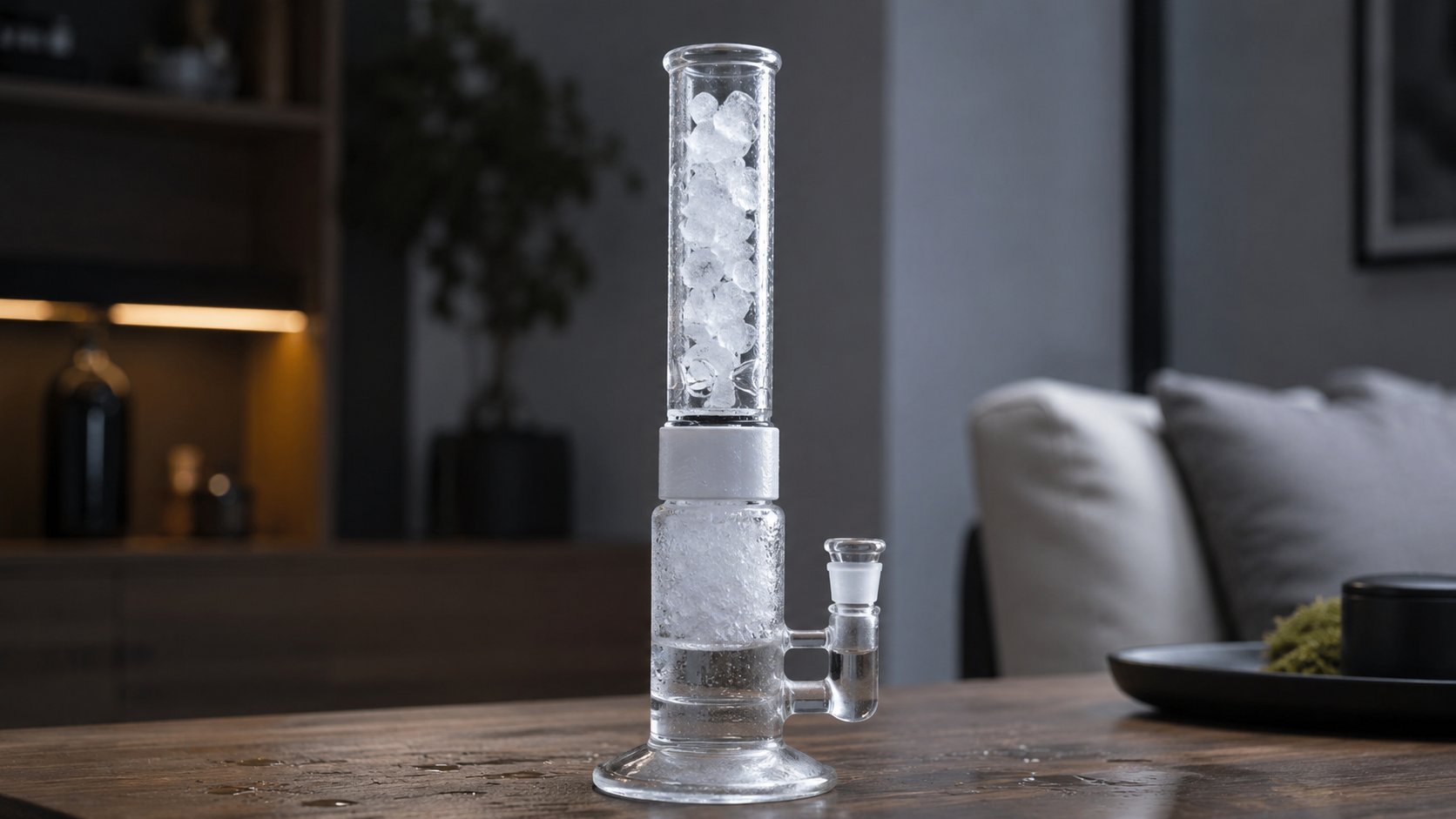 A chilled glass waterpipe filled with ice and condensation, illustrating why extremely cold waterpipe setups should be used carefully with dry herb vaporizers.