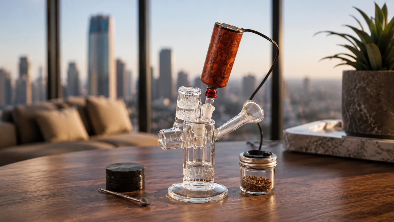 A premium tabletop dry herb vaporizer setup featuring a compact glass waterpipe, grinder, scoop-n-poke tool, and vape spittoon for cleaner, smoother sessions.