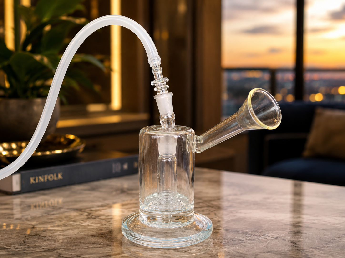 A close-up glass waterpipe setup showing a whip adapter inserted into a frosted 14mm female joint, demonstrating how a whip can connect to a waterpipe.